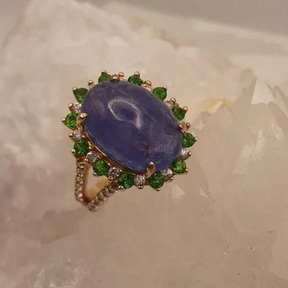 925 Genuine Tanzanite, Chrome Diopside And White Zircon. Yellow Gold Over 925.